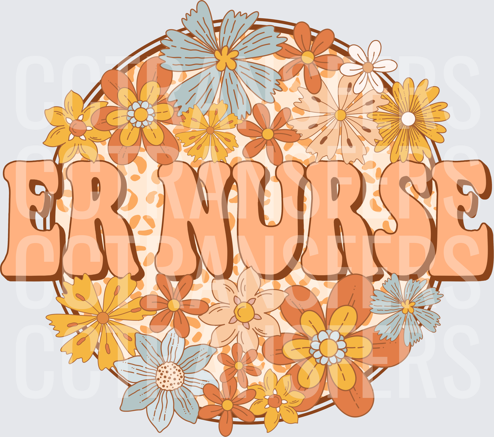 Retro Floral Circle ER Nurse Bold Groovy Text (DTF)
