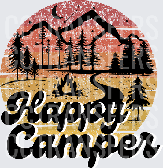 Happy Camper Retro Sunset Mountain Campfire Scene (DTF)