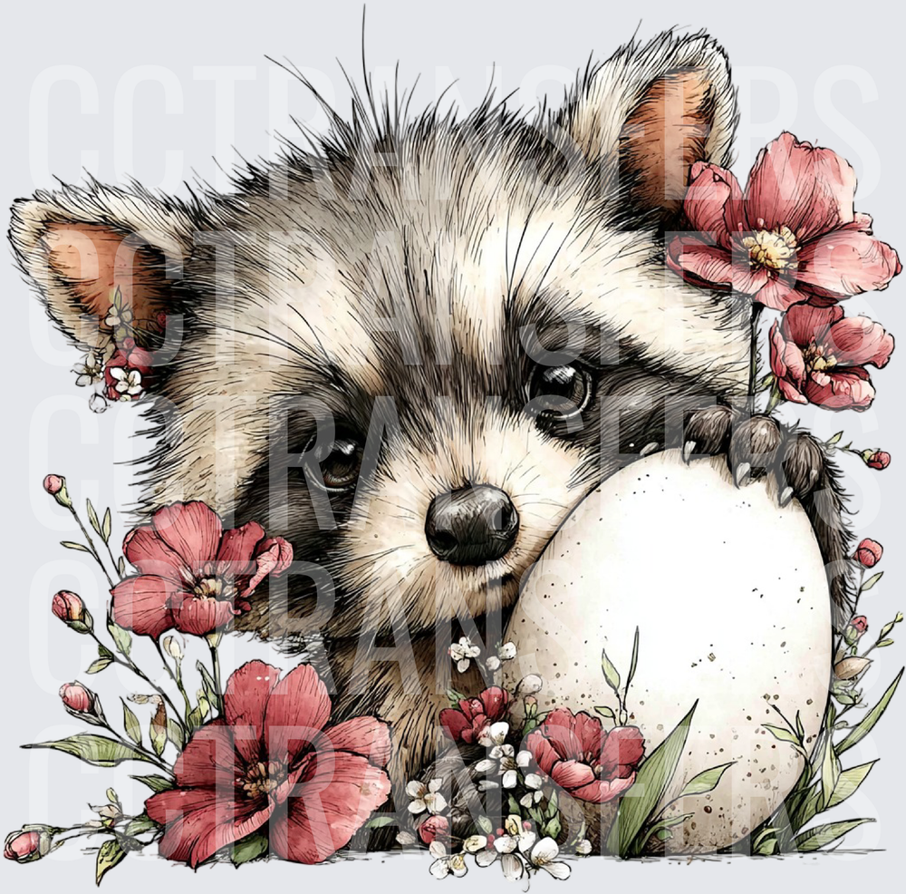 Cute Baby Raccoon Hugging Egg With Pink Florals (DTF)