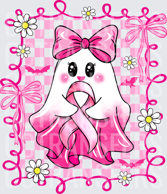 Cute Ghost Girl Pink Bow Breast Cancer Awareness Ribbon (DTF)