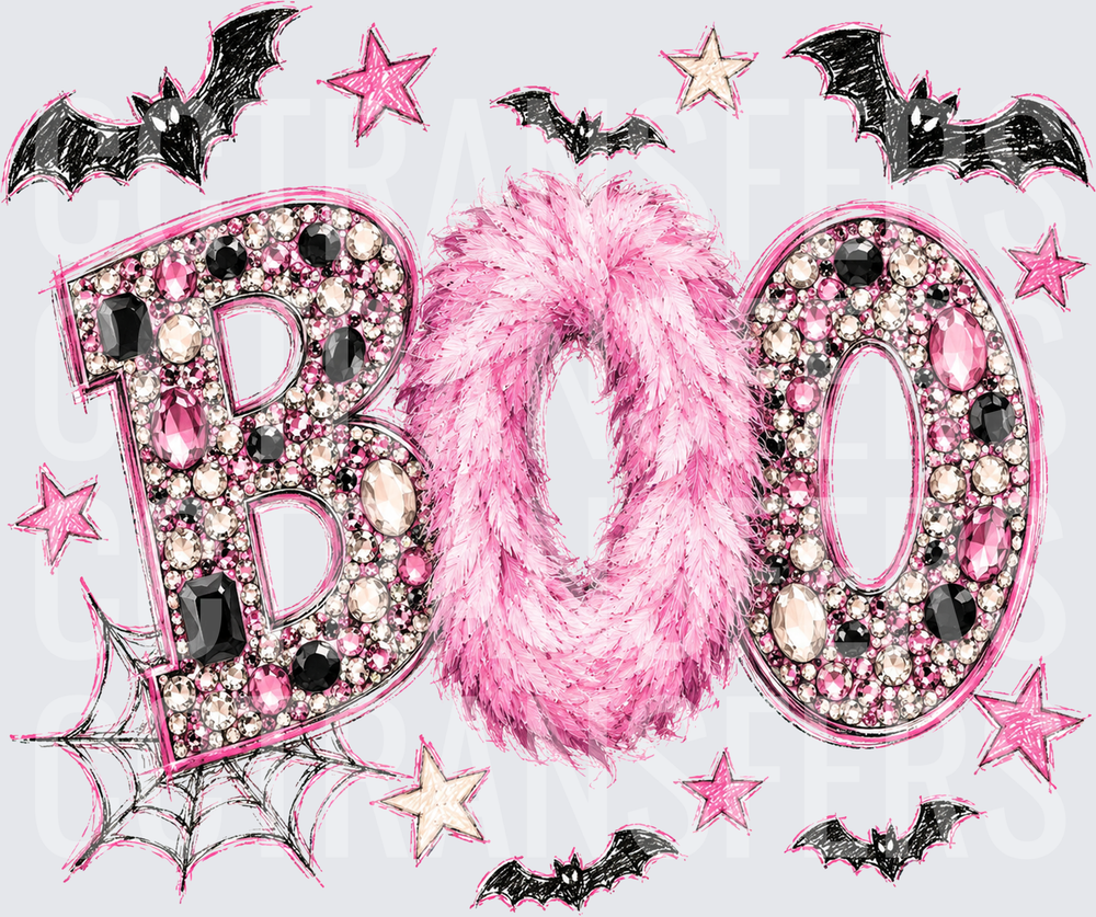 Pink Glam BOO Rhinestone Fur Letters Bats Stars Halloween (DTF)