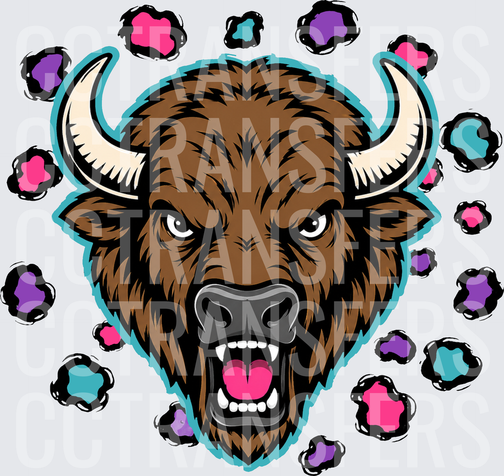 Fierce Roaring Bison Head with Colorful Paw Prints (DTF)