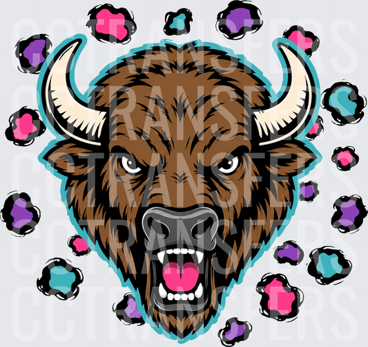 Fierce Roaring Bison Head with Colorful Paw Prints (DTF)