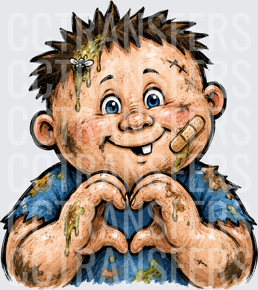 Dirty Messy Kid Making Heart Shape With Hands (DTF)