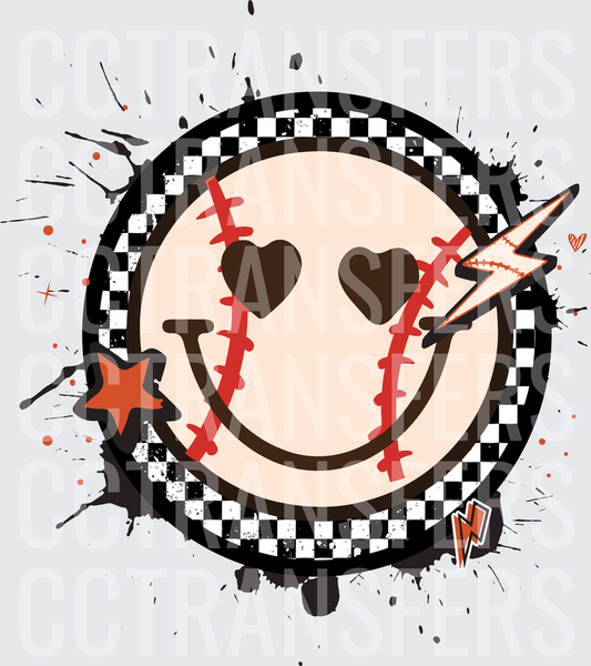 Retro Baseball Smiley Face Heart Eyes Checkered Splatter (DTF)