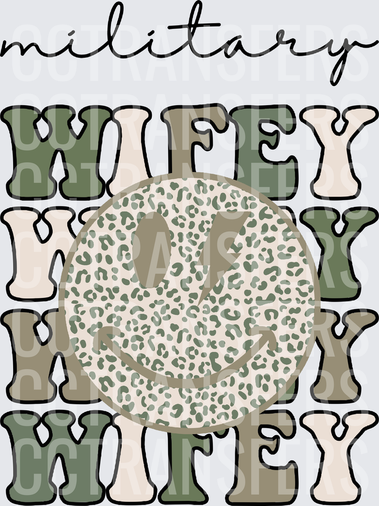 Military Wifey Stacked Leopard Smiley Face Lightning Bolt (DTF)