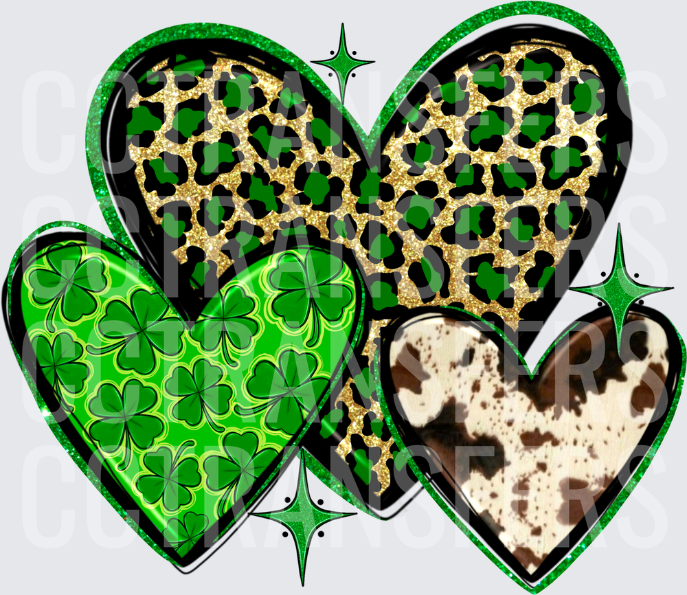 St. Patrick's Day Leopard Clover Cowhide Hearts (DTF)