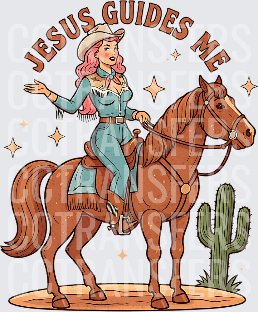 Jesus Guides Me Pink Hair Cowgirl on Horse (DTF)
