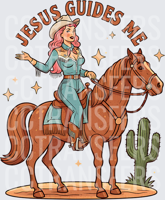 Jesus Guides Me Pink Hair Cowgirl on Horse (DTF)
