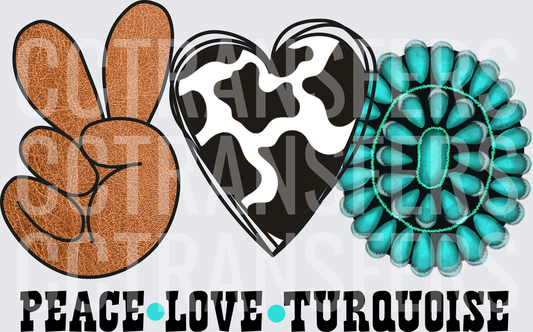 Peace Love Turquoise Leather Hand Cow Print Heart (DTF)