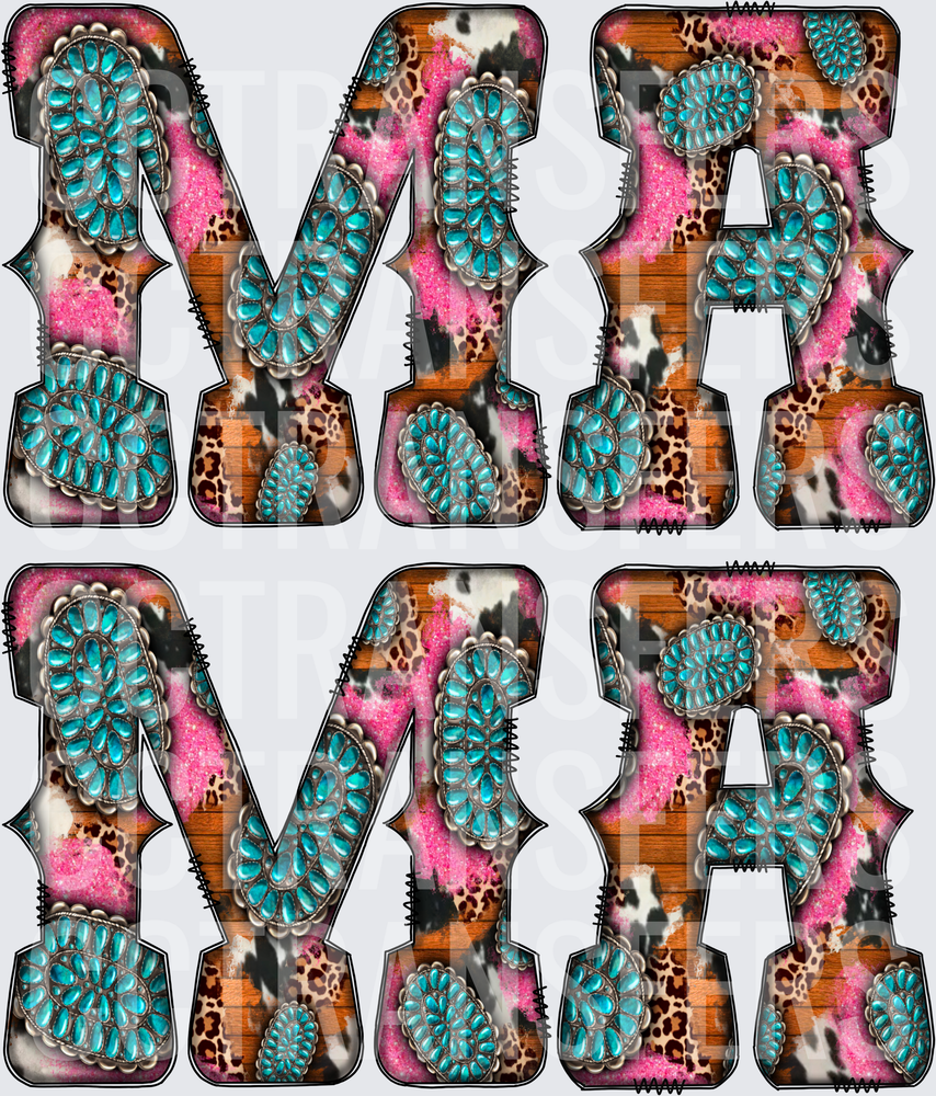 MAMA Western Turquoise Squash Blossom Leopard Cowhide (DTF)