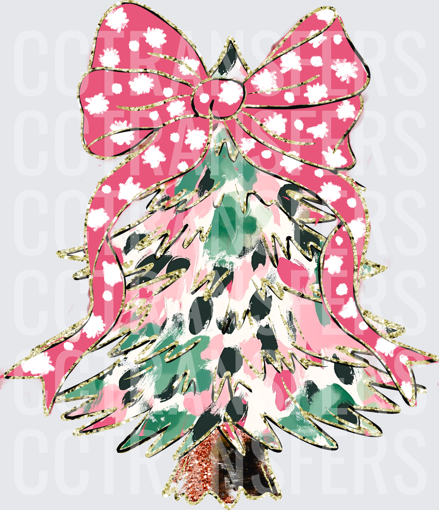 Leopard Print Christmas Tree Pink Polka Dot Bow Gold Glitter (DTF)