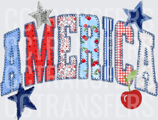 Patchwork Fabric America Letters Stars Cherry Accent (DTF)