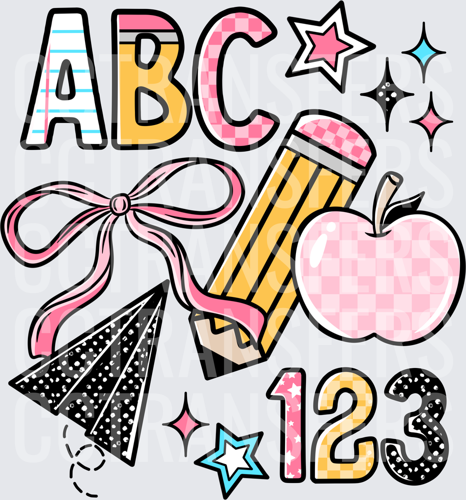 ABC 123 Back to School Pencil Apple Pink Bow DTF