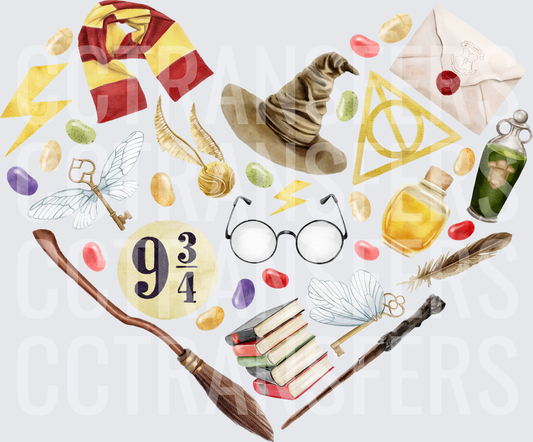 Watercolor Wizard World Icons Heart Collage 9 3/4 (DTF)
