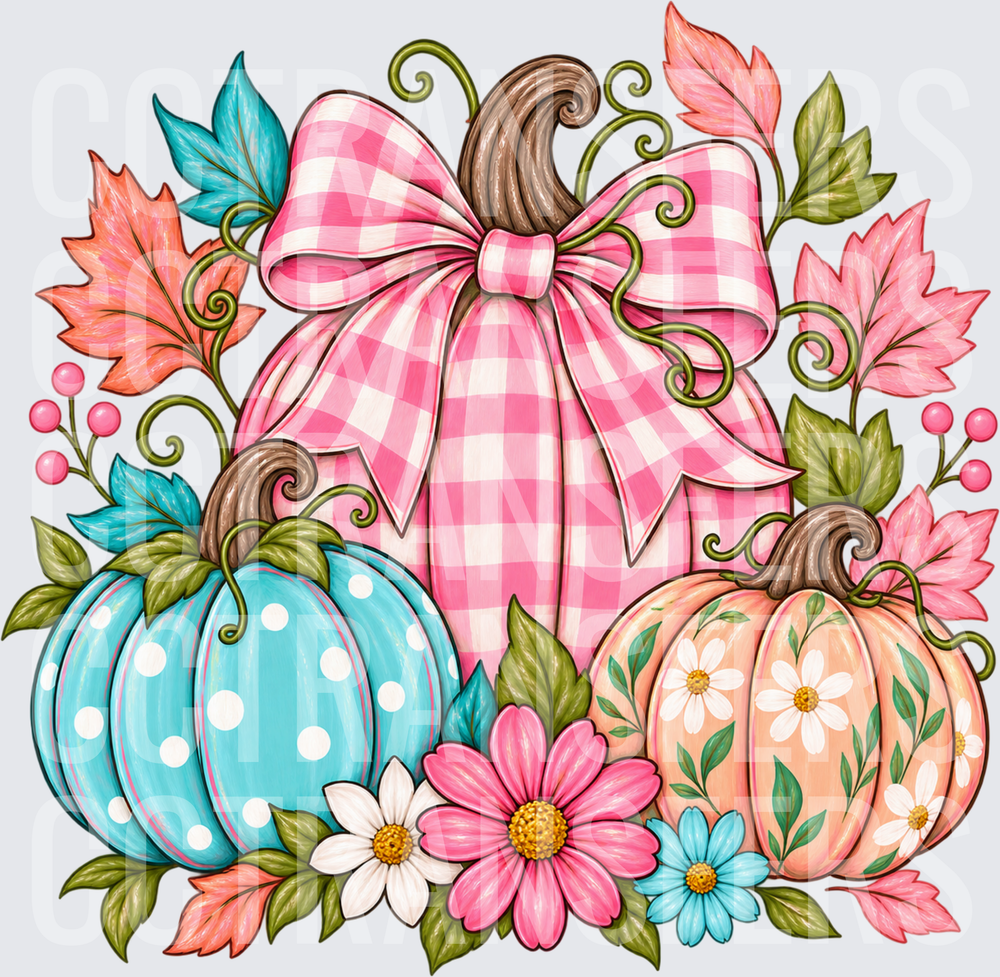 Pastel Pumpkin Trio Pink Gingham Bow Floral Fall (DTF)