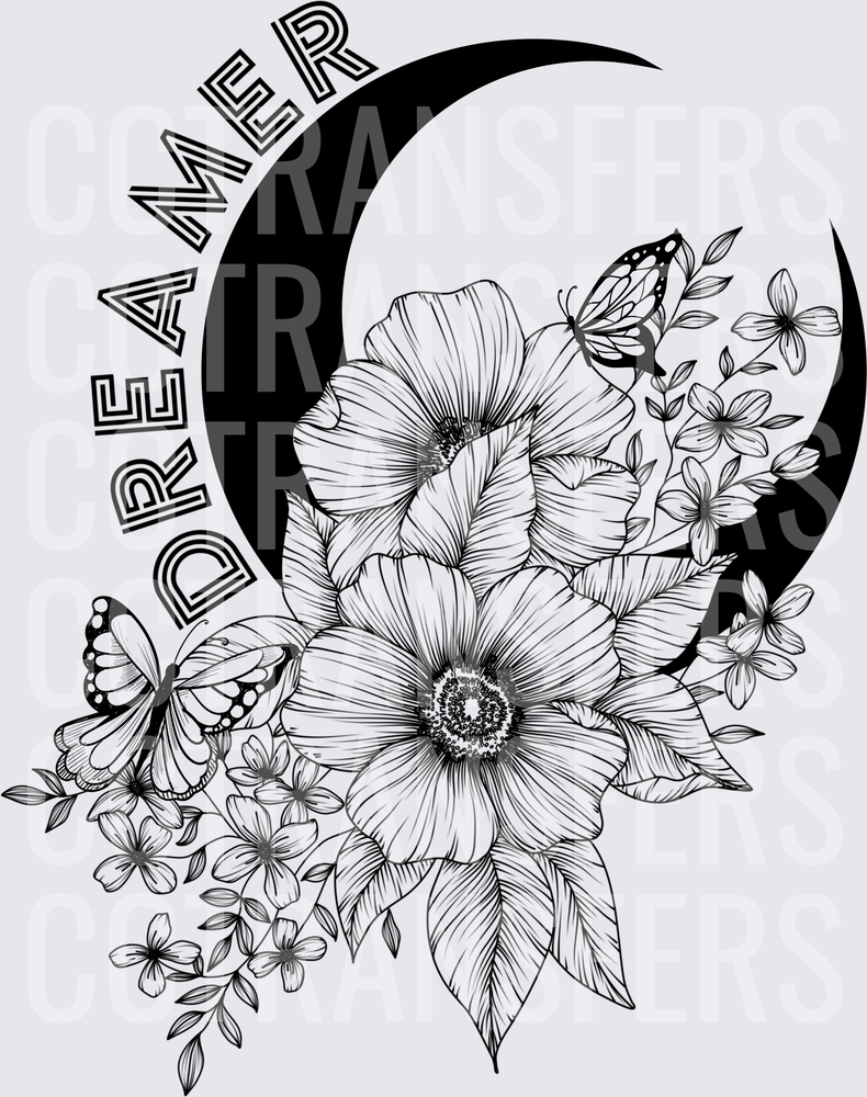 Dreamer Crescent Moon Floral Bouquet with Butterflies (DTF)