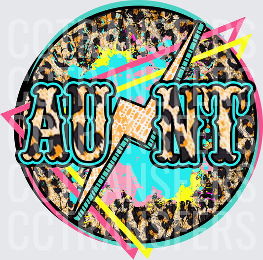 Aunt Leopard Print Lightning Bolt Circle Neon Splatter (DTF)