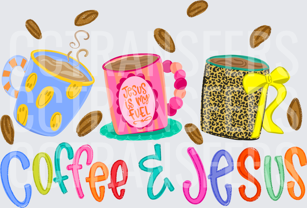 Coffee & Jesus Three Decorative Mugs with Coffee Beans (DTF)