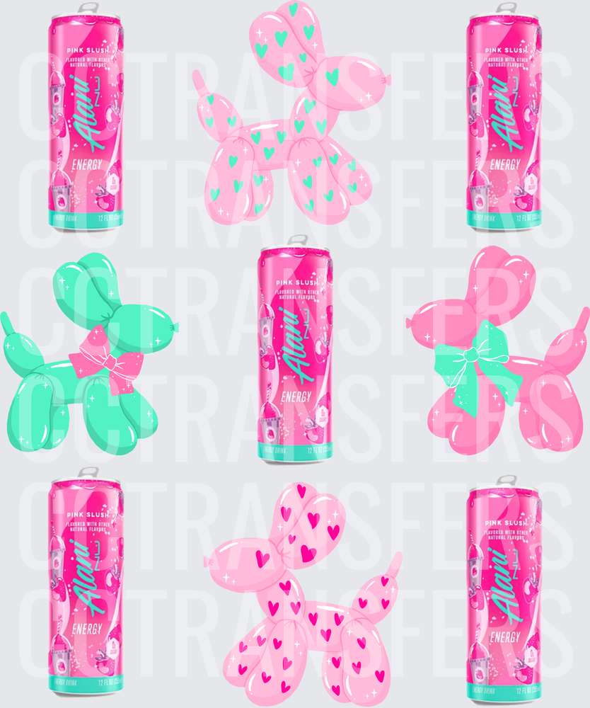 Pink Energy Cans Balloon Dogs Hearts Bows (DTF)
