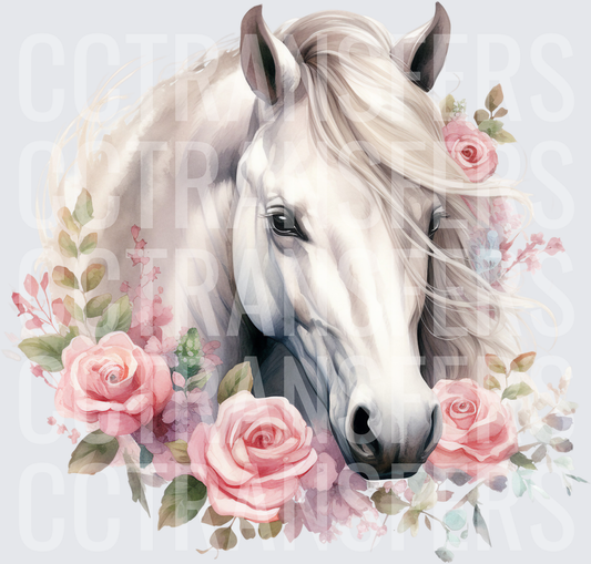 Watercolor White Horse with Pink Roses Floral (DTF)