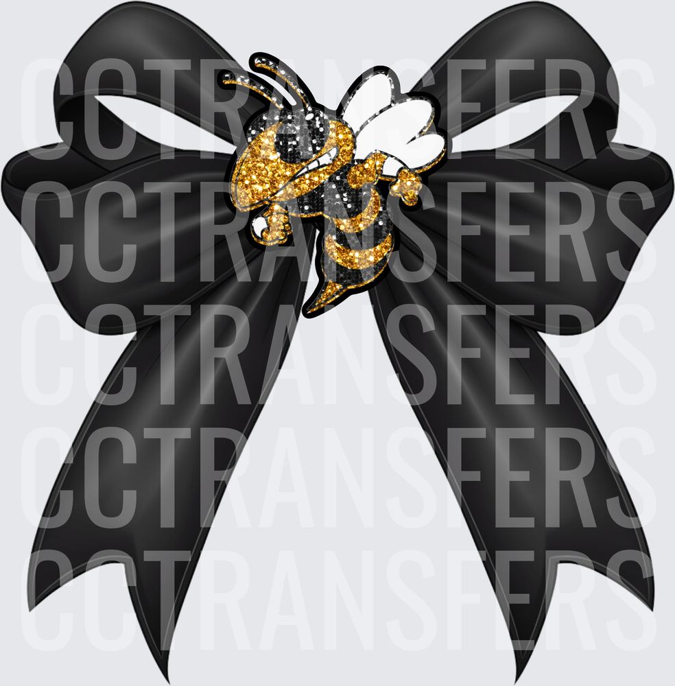 Black Satin Bow with Gold Glitter Hornet Center (DTF)
