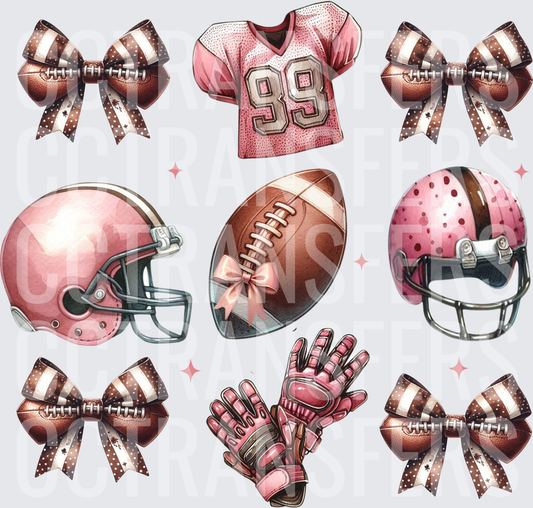 Pink Brown Football Bows Helmets Jersey Gloves Bundle (DTF)