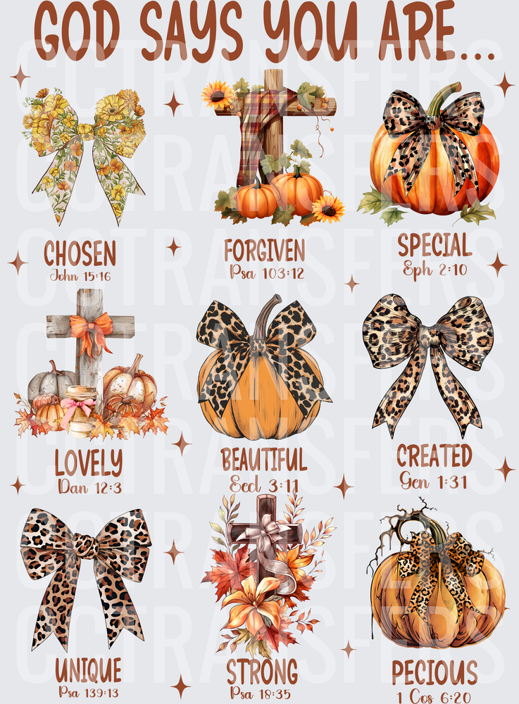 God Says You Are Fall Pumpkins Cross Scripture DTF