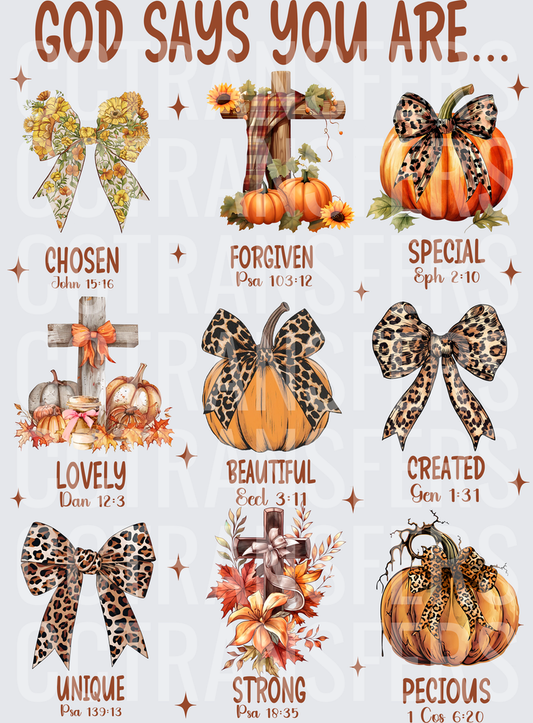 God Says You Are Fall Pumpkins Cross Scripture DTF