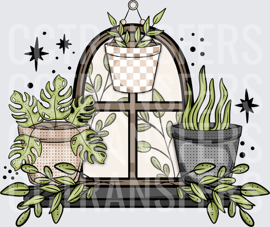 Boho Arched Window Shelf with Potted Plants and Stars (DTF)