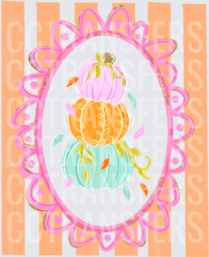 Pastel Stacked Pumpkins Floral Oval Frame Fall (DTF)