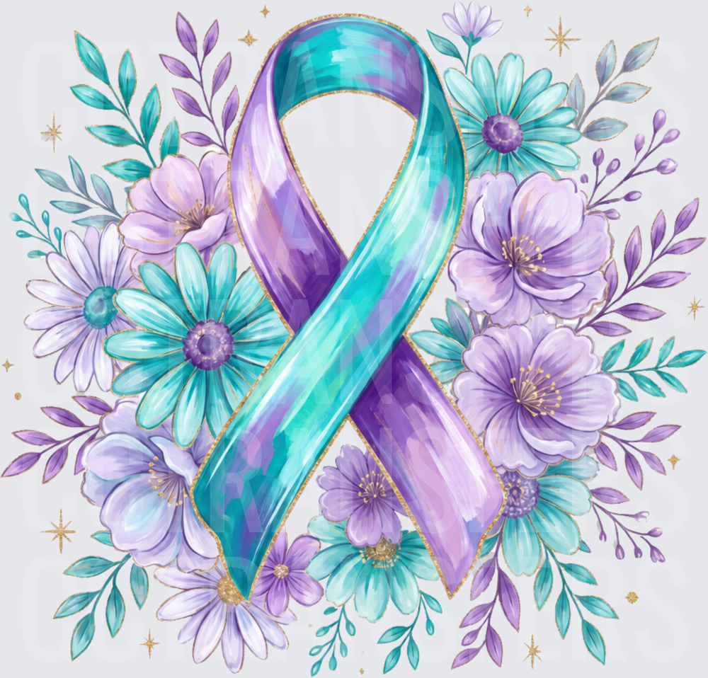 Teal Purple Awareness Ribbon Floral Gold Sparkle (DTF)