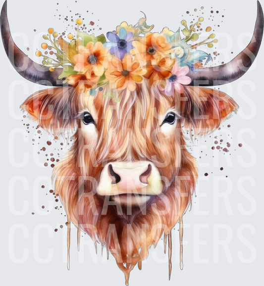 Watercolor Highland Cow Floral Crown Drip (DTF)