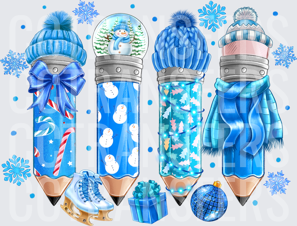 Winter Christmas Pencils Blue Snowflakes Holiday (DTF)