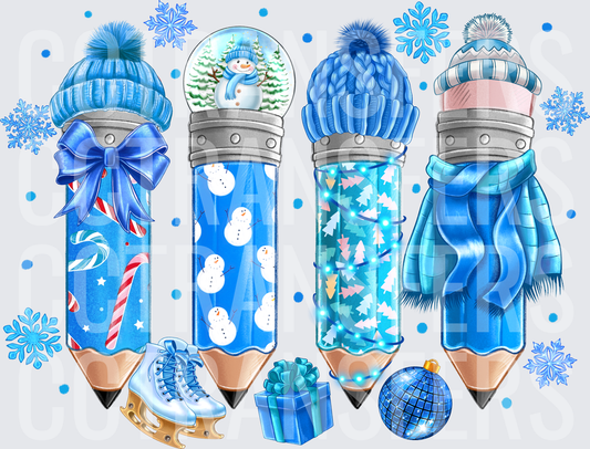 Winter Christmas Pencils Blue Snowflakes Holiday (DTF)