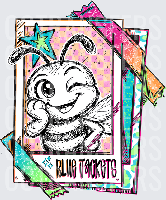 Cute Winking Cartoon Bee Blue Jackets Retro Card Stack (DTF)