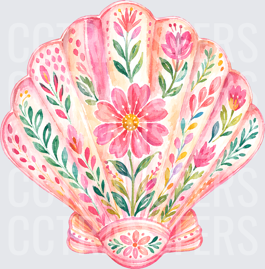 Watercolor Floral Folk Art Scallop Seashell (DTF)