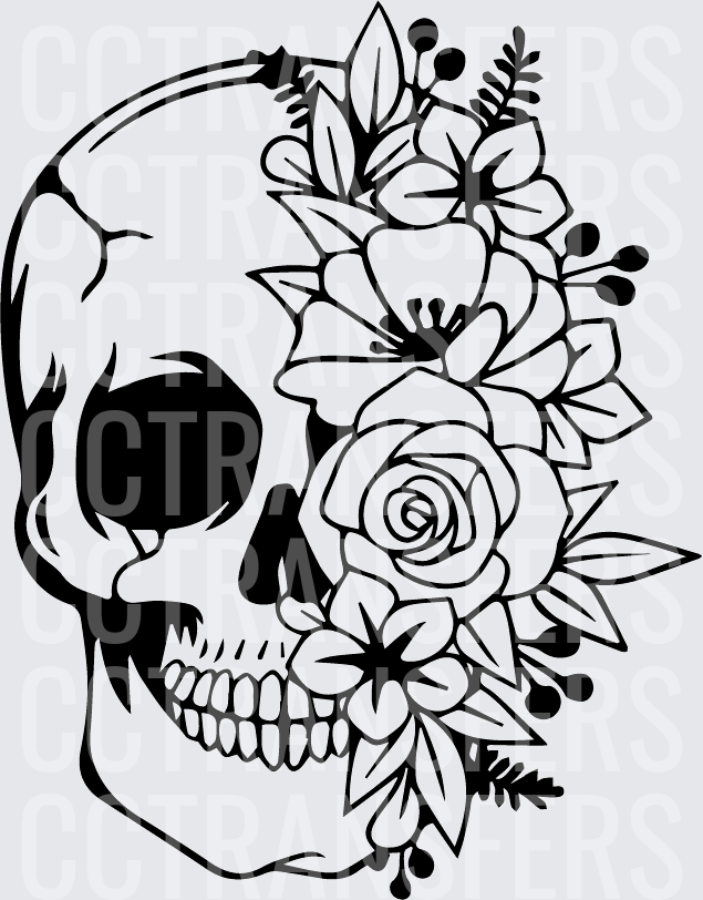 Floral Crown Skull Black Line Art (DTF)