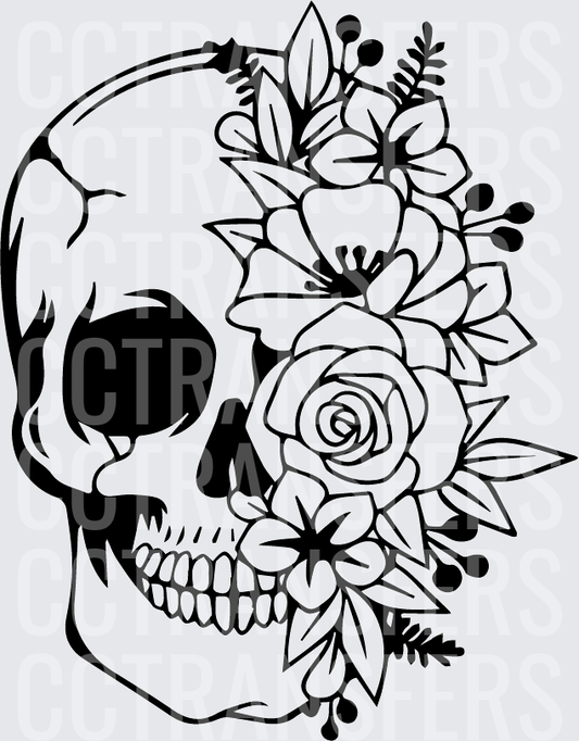 Floral Crown Skull Black Line Art (DTF)