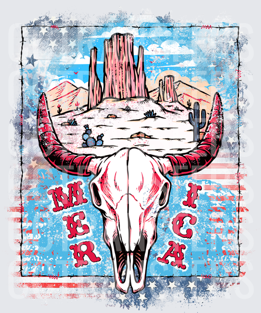 Western Bull Skull Desert America Flag Barbed Wire (DTF)