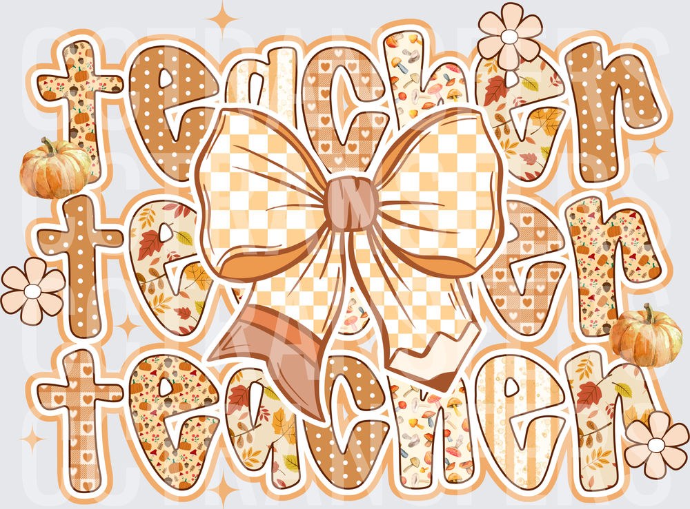 Fall Teacher Stacked Word Patterned Letters Bow Pumpkins (DTF)