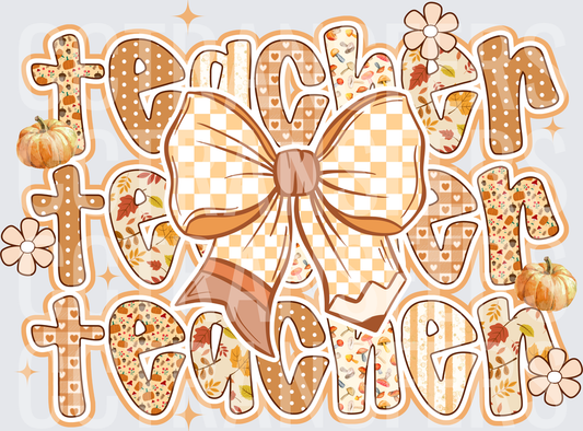 Fall Teacher Stacked Word Patterned Letters Bow Pumpkins (DTF)