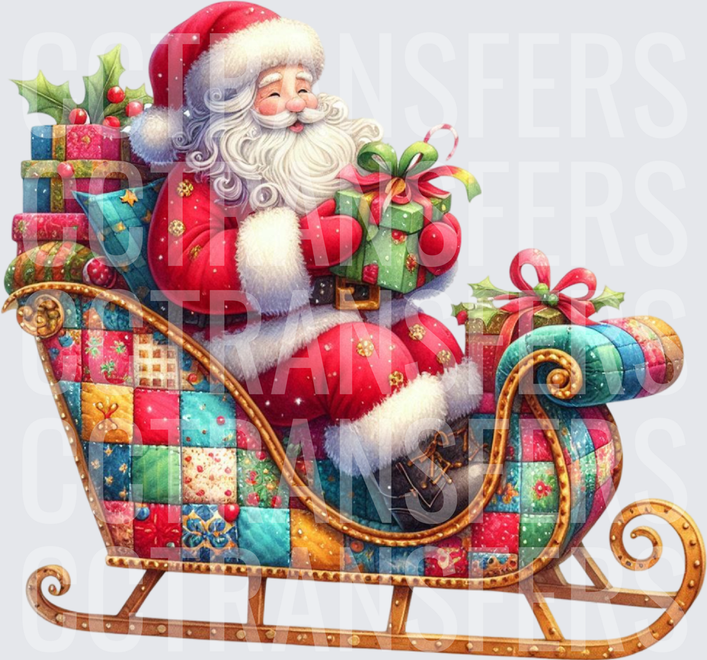 Jolly Santa in Colorful Patchwork Quilt Sleigh with Gifts (DTF)