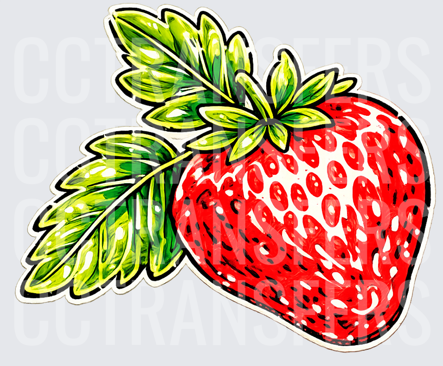 Bold Illustrated Strawberry with Green Leaves (DTF)