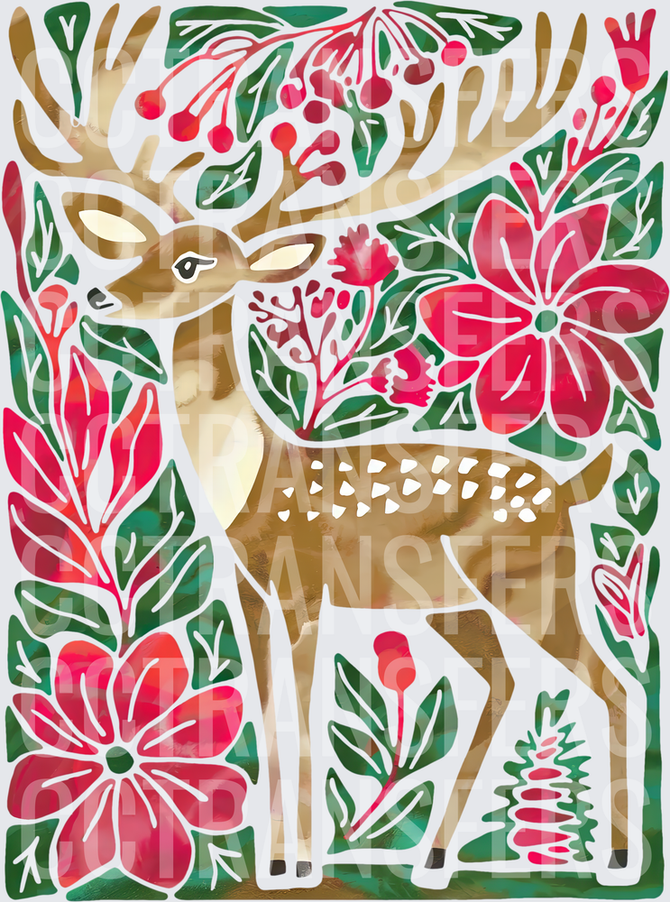 Folk Art Christmas Deer with Poinsettias and Berries (DTF)