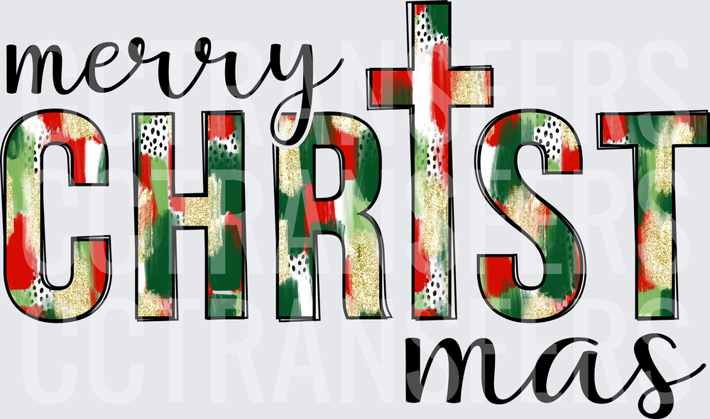 Merry CHRISTmas Cross Religious Holiday Red Green Gold (DTF)