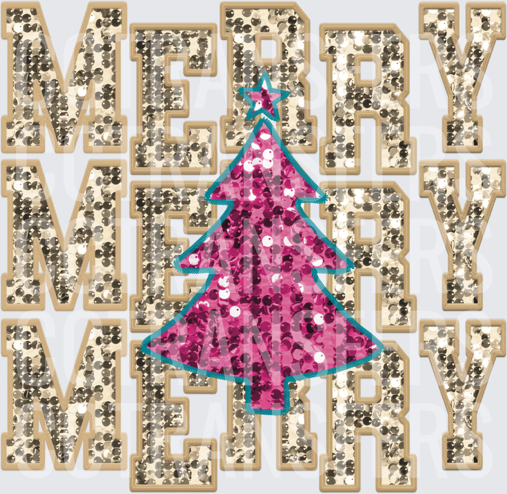 Merry Merry Merry Sequin Patch Letters Pink Glitter Tree (DTF)