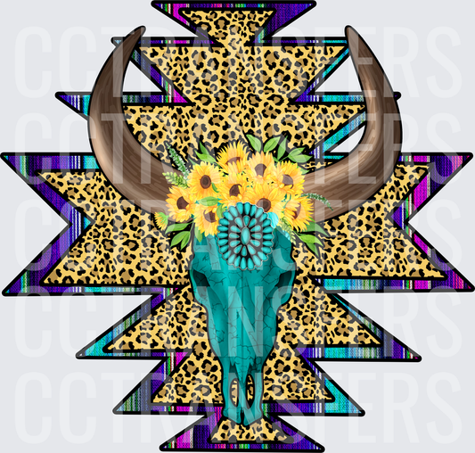 Turquoise Bull Skull Sunflowers Aztec Leopard Print (DTF)
