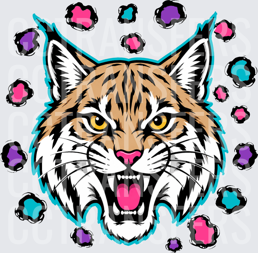 Fierce Roaring Wildcat Head with Colorful Paw Prints (DTF)
