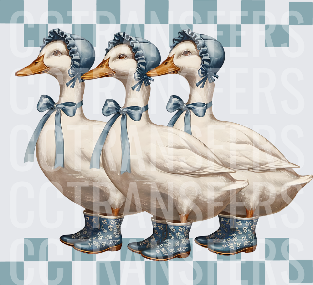 Three White Geese Blue Bonnets Floral Rain Boots Checker (DTF)